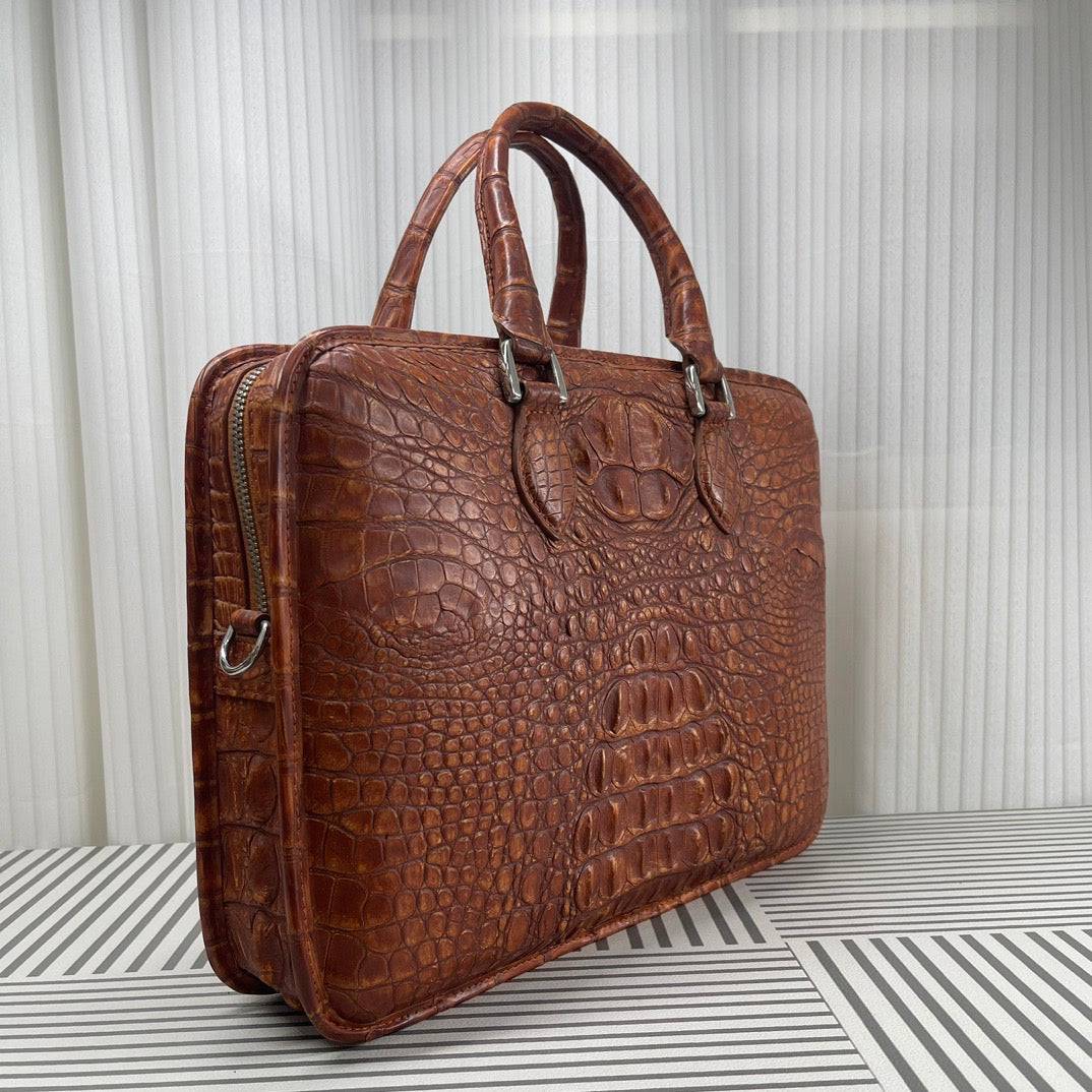 Men's Crocodile Leather Briefcase Red & Brown