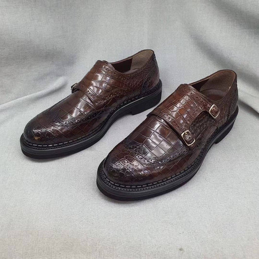 Crocodile Shoes Men's Crocodile Leather Brogue Lace-Up Shoes Brown