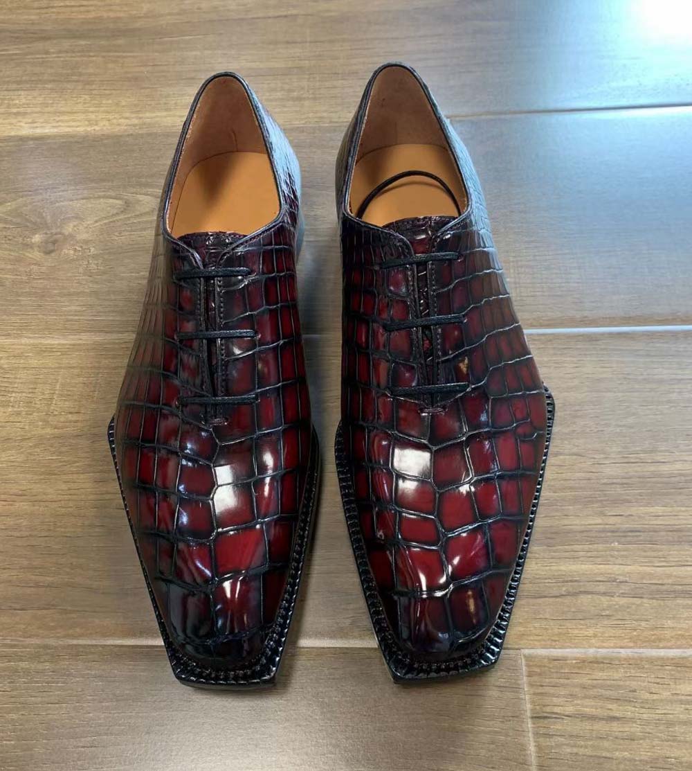 Crocodile Shoes Men's Crocodile Leather Brushed Wine Red Business Dress  Lace Up Shoes