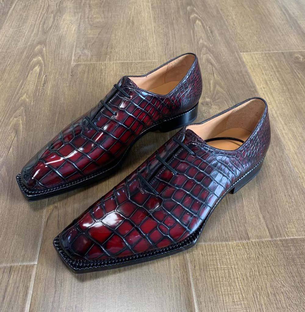 Crocodile Shoes Men's Crocodile Leather Brushed Wine Red Business Dress  Lace Up Shoes