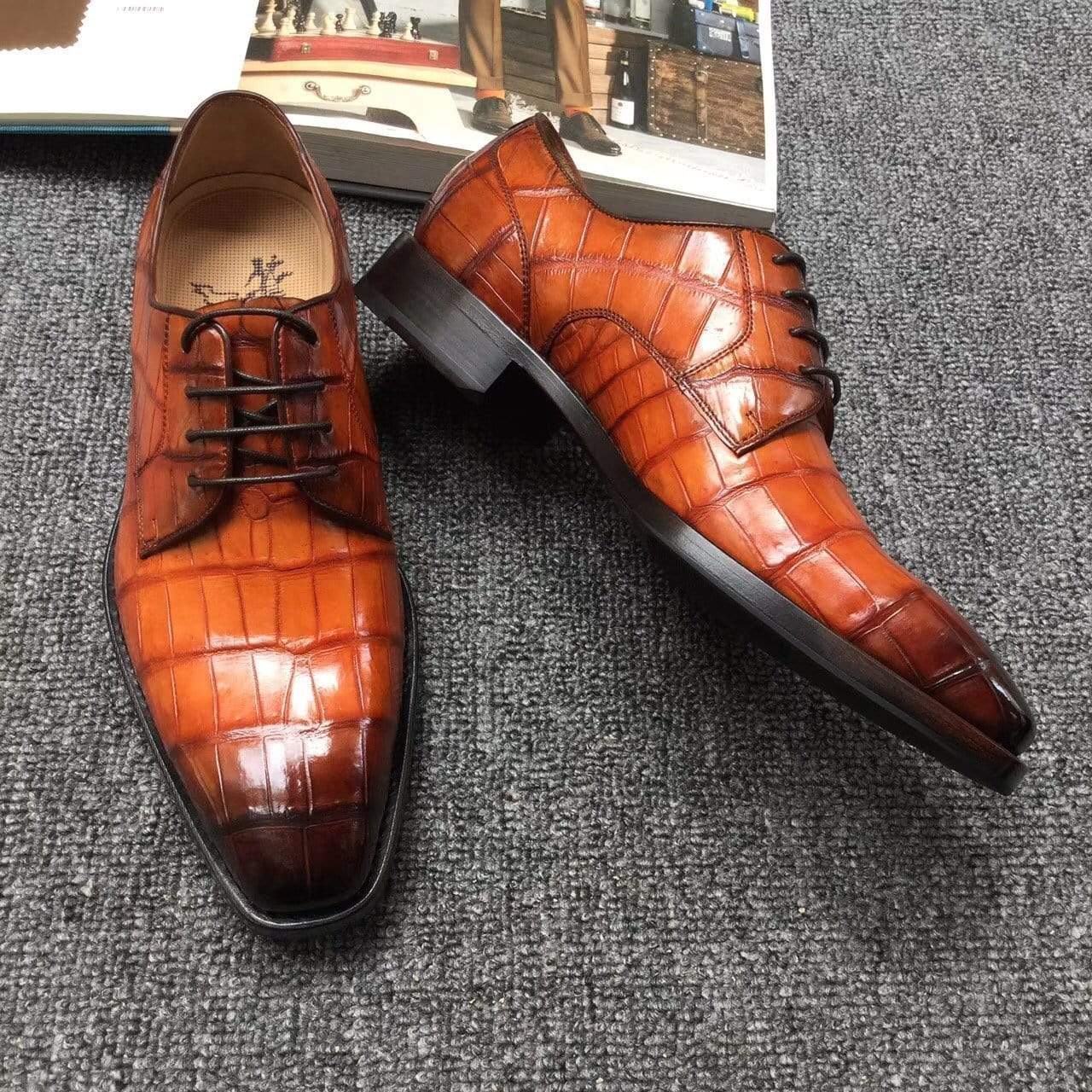 Crocodile Shoes Men s Crocodile Leather Hand-Painted  Lace-Up Shoes ,Goodyear Sole