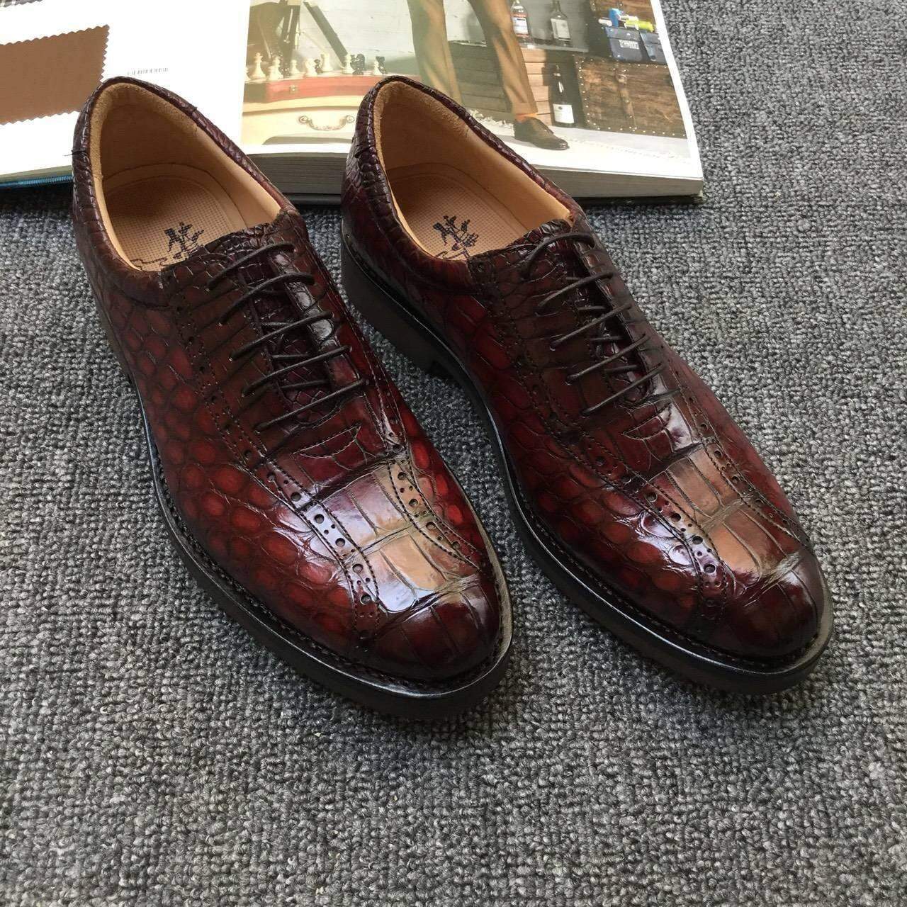 Crocodile Shoes Men s Crocodile Leather Hand-Painted  Lace-Up Shoes ,Goodyear Welted  Brogue Shoes