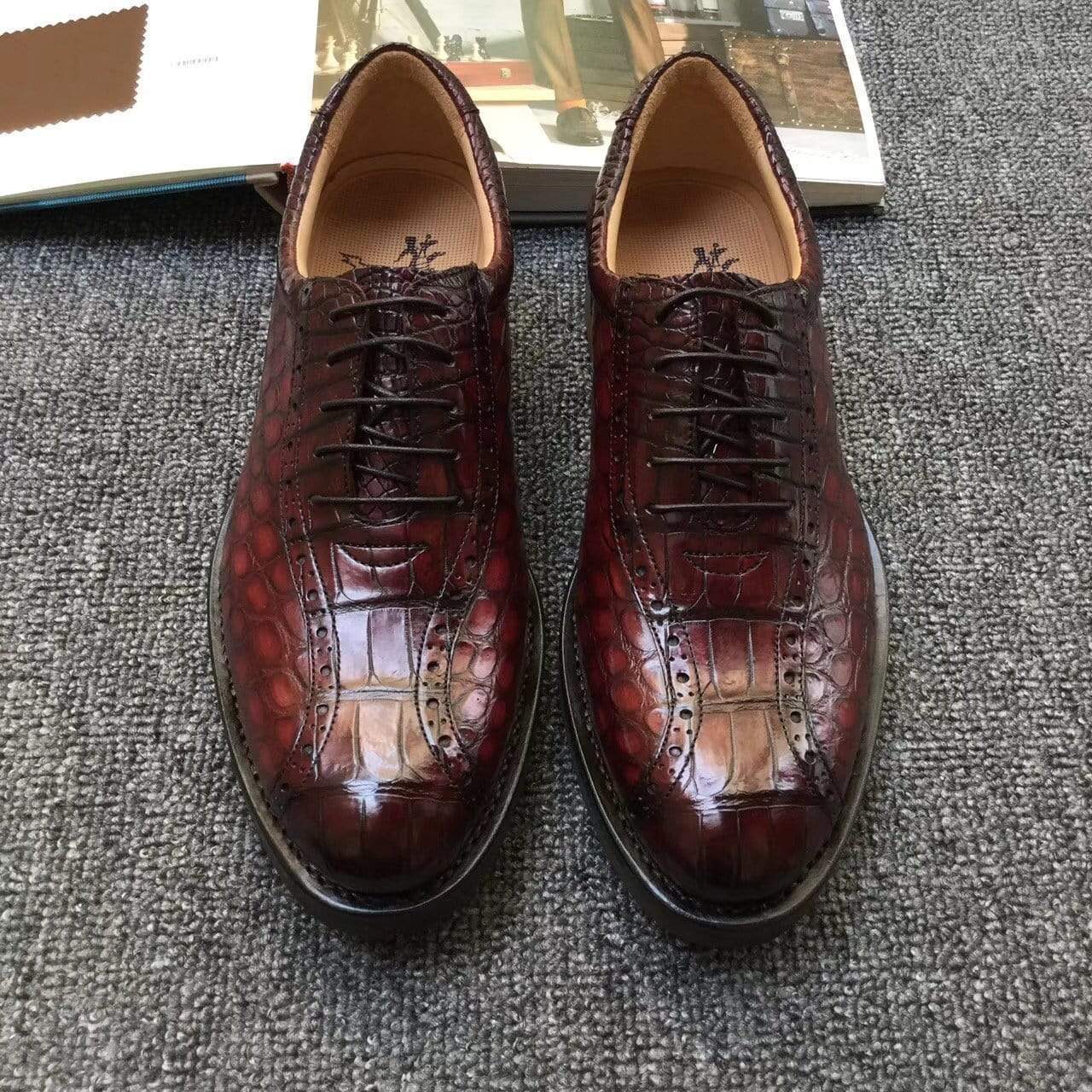 Crocodile Shoes Men s Crocodile Leather Hand-Painted  Lace-Up Shoes ,Goodyear Welted  Brogue Shoes