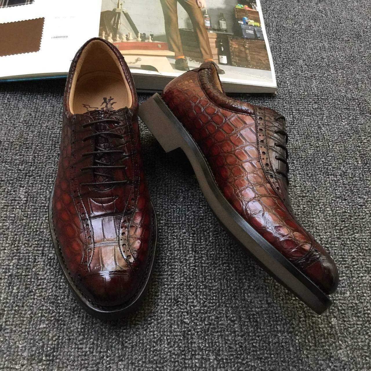 Crocodile Shoes Men s Crocodile Leather Hand-Painted  Lace-Up Shoes ,Goodyear Welted  Brogue Shoes