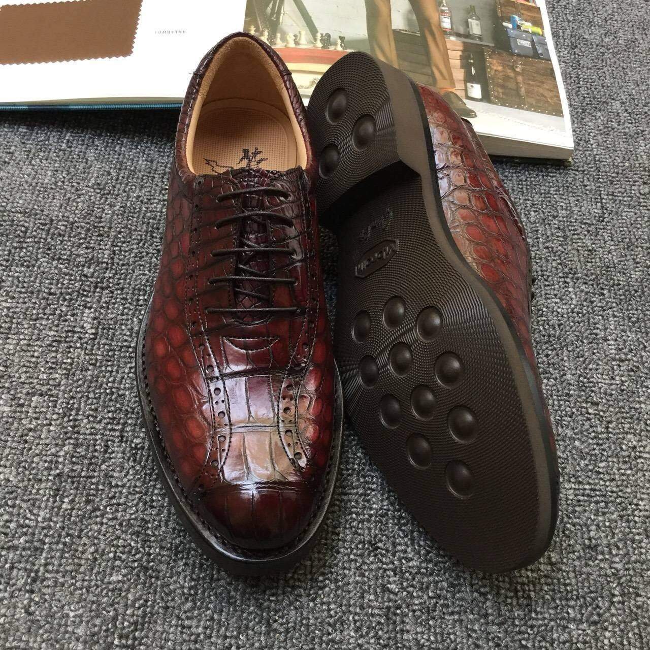 Crocodile Shoes Men s Crocodile Leather Hand-Painted  Lace-Up Shoes ,Goodyear Welted  Brogue Shoes