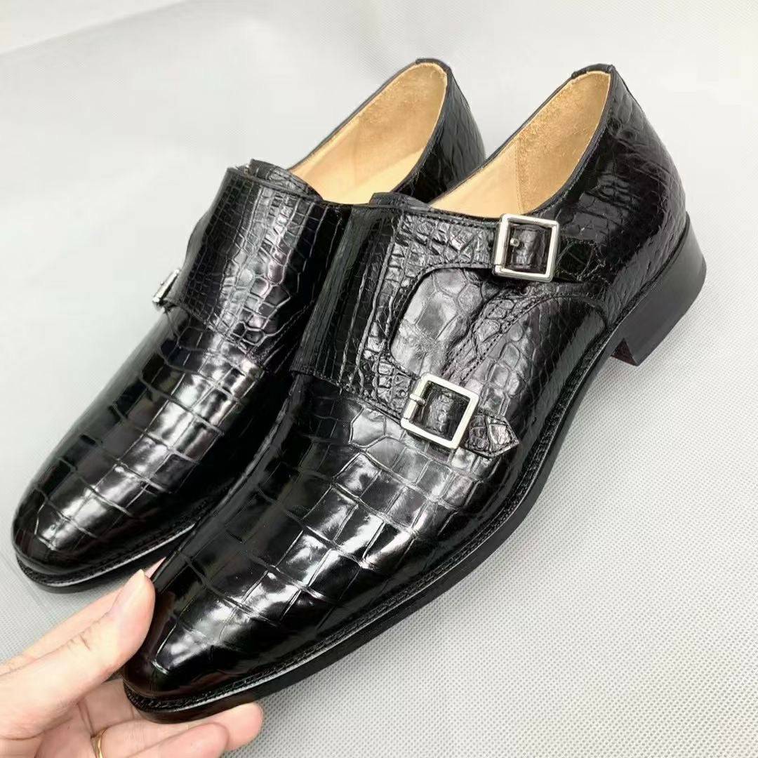 Crocodile Shoes Men's Crocodile Leather Monk Strap Business Dress Shoes