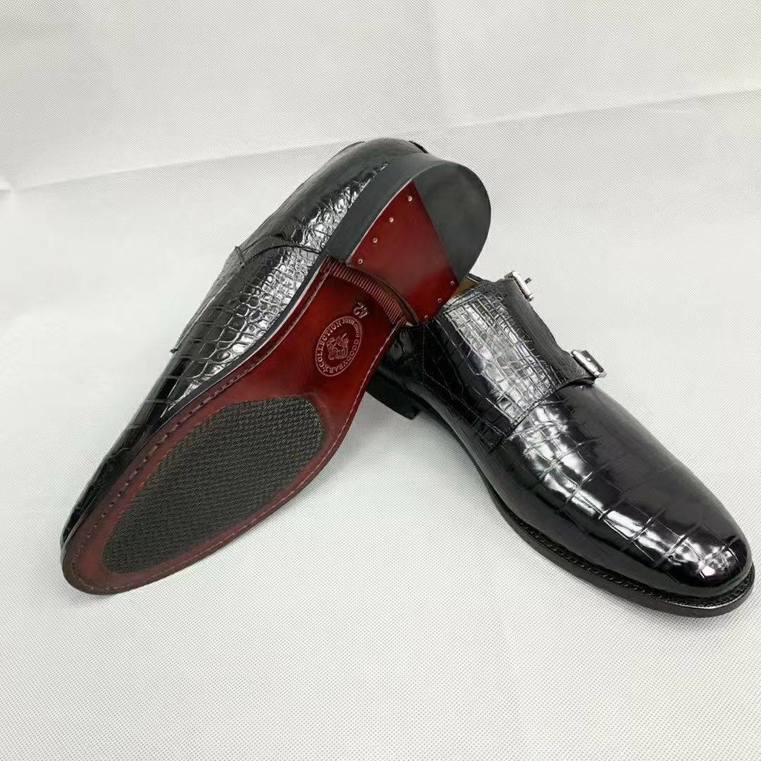 Crocodile Shoes Men's Crocodile Leather Monk Strap Business Dress Shoes