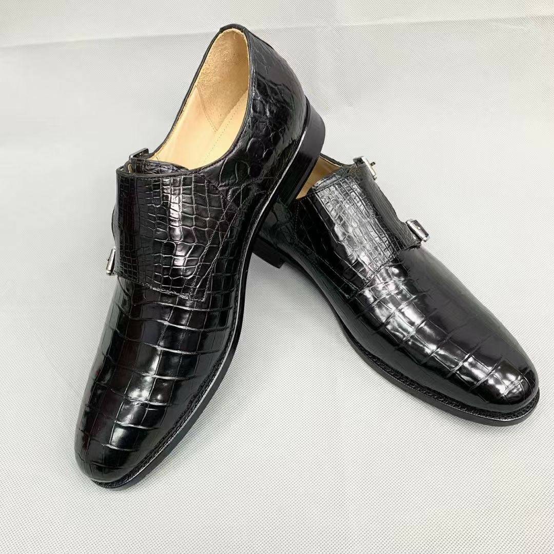 Crocodile Shoes Men's Crocodile Leather Monk Strap Business Dress Shoes