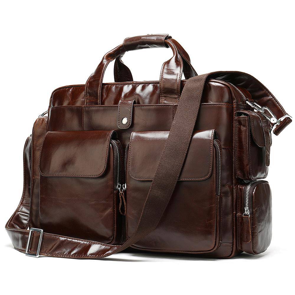 Men's Leather Briefcase Messenger Bag 14 Inch Laptop Shoulder Bag Large Volumn Business Briefcase With Trolley Belt