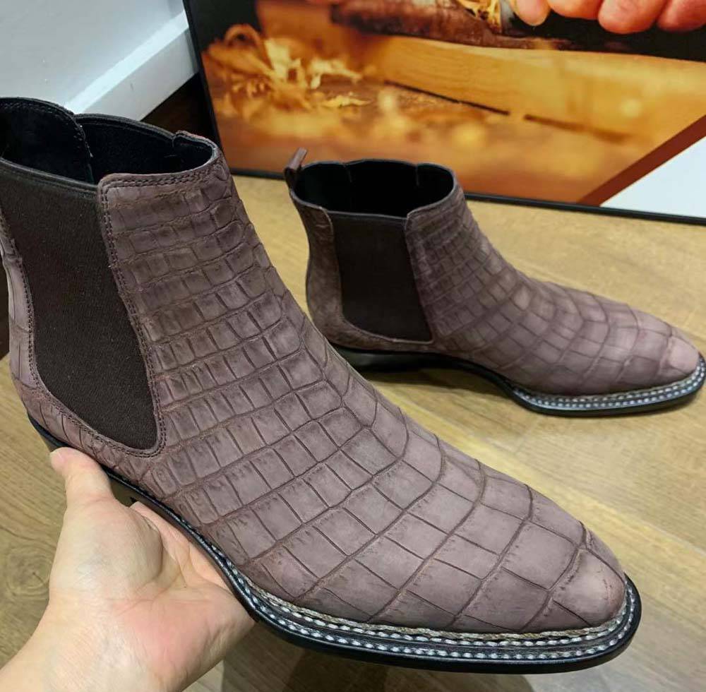 Crocodile Shoes Men's Sanded Crocodile Leather Norwegian Stitch Chelsea Boots