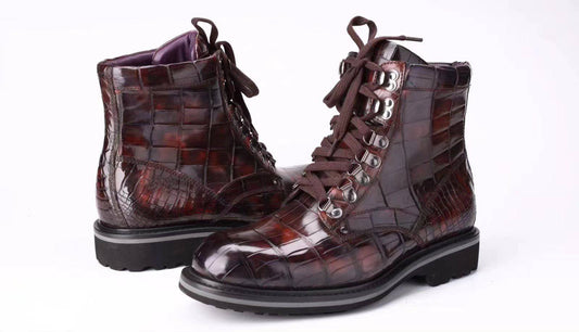 Crocodile Shoes Mens Boots Genuine Crocodile Leather High-top Lace Up  Anti-Slip Boot Vintage Wine Red