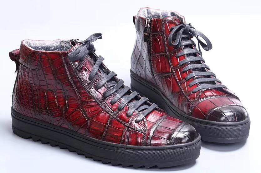 Crocodile Shoes Mens Brushed Crocodile Leather Lace Up Boots Wine Red