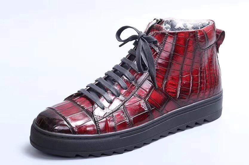 Crocodile Shoes Mens Brushed Crocodile Leather Lace Up Boots Wine Red