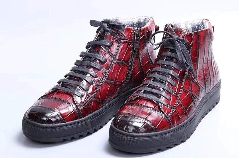 Crocodile Shoes Mens Brushed Crocodile Leather Lace Up Boots Wine Red