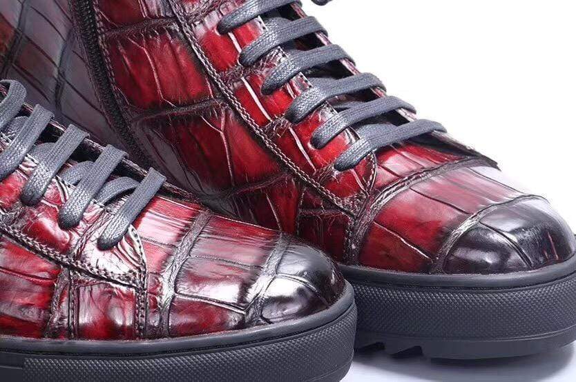 Crocodile Shoes Mens Brushed Crocodile Leather Lace Up Boots Wine Red