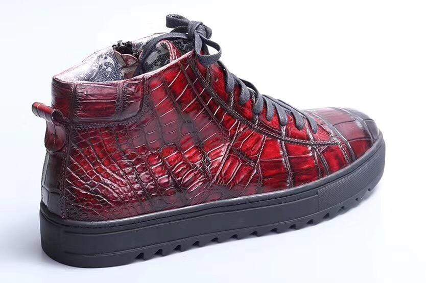 Crocodile Shoes Mens Brushed Crocodile Leather Lace Up Boots Wine Red