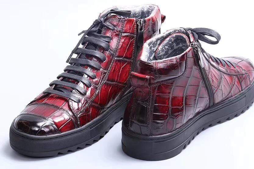 Crocodile Shoes Mens Brushed Crocodile Leather Lace Up Boots Wine Red