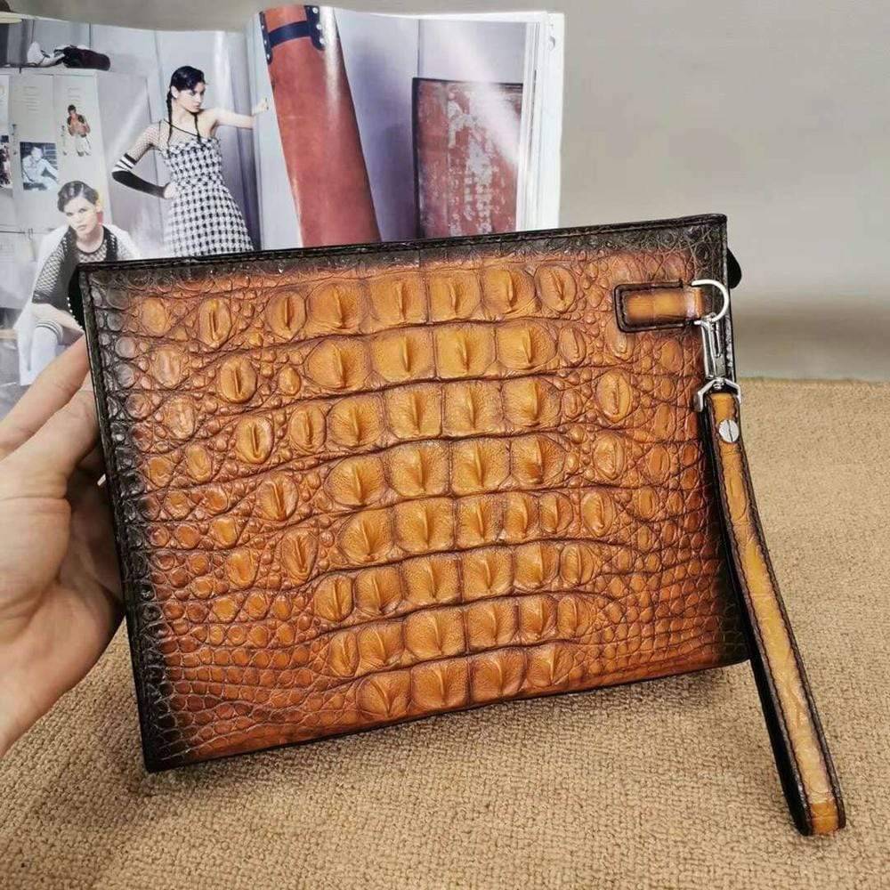 Mens Classic Vintage Genuine Crocodile Leather Zip Clutch Bag