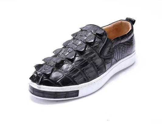 Crocodile Shoes Mens Crocodile Bone Leather Driving Shoes  Slip on Flats Walking Shoes Black