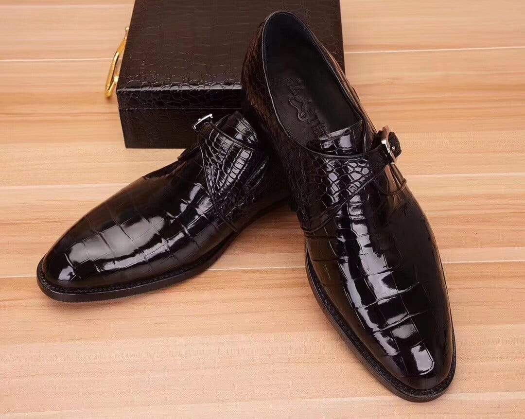 Crocodile Shoes Mens Crocodile  Leather Black Monk Shoes Slip on Smart Loafer