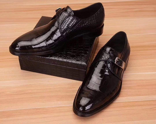 Crocodile Shoes Mens Crocodile  Leather Black Monk Shoes Slip on Smart Loafer