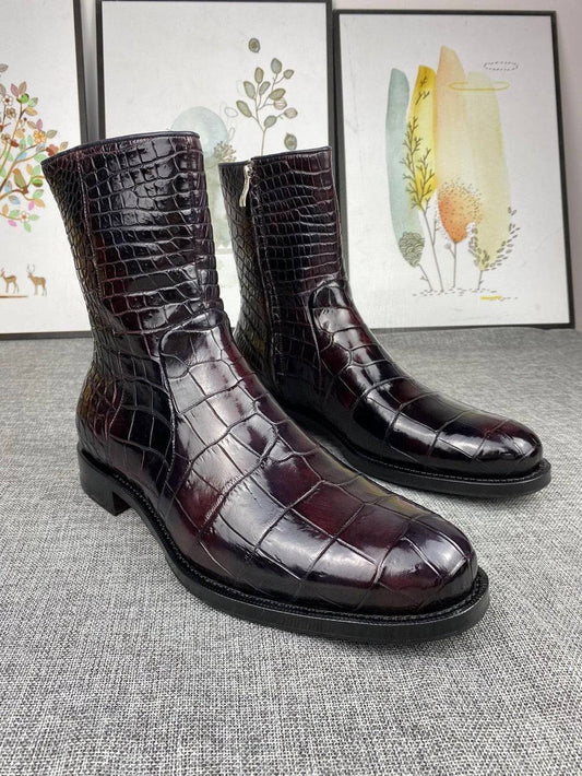 Mens Boots ,Crocodile Boots,Crocodile Shoes , Mens Crocodile Leather Side Zipper Boots