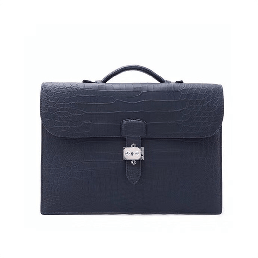 Mens Crocodile Leather Briefcase Dark Blue