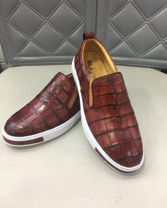 Crocodile Shoes Mens Crocodile Leather Brown Driving Shoes  Slip on Flats Walking Shoes
