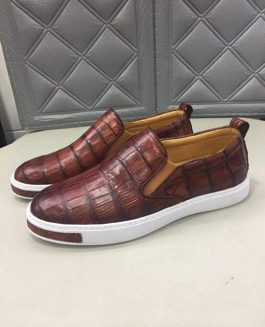 Crocodile Shoes Mens Crocodile Leather Brown Driving Shoes  Slip on Flats Walking Shoes