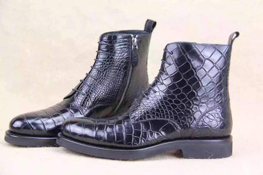 Crocodile Shoes Mens Crocodile Leather  Side Zipper  Lace Up  Boots