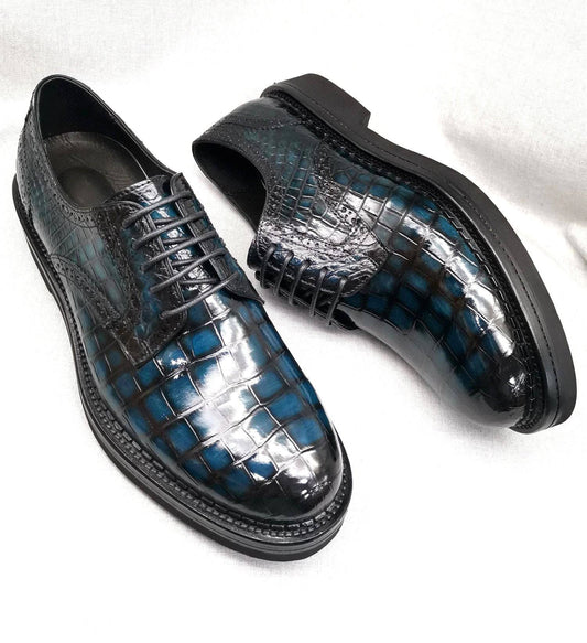 Crocodile Shoes Mens Genuine Crocodile Leather Derby Lace Up Dress Shoe Vintage Blue
