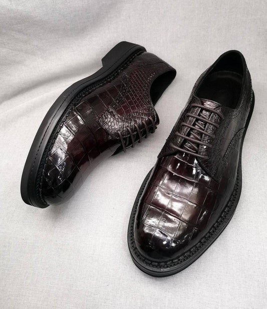 Crocodile Shoes Mens Genuine Crocodile Leather Derby Lace Up Dress Shoe Vintage Wine Red