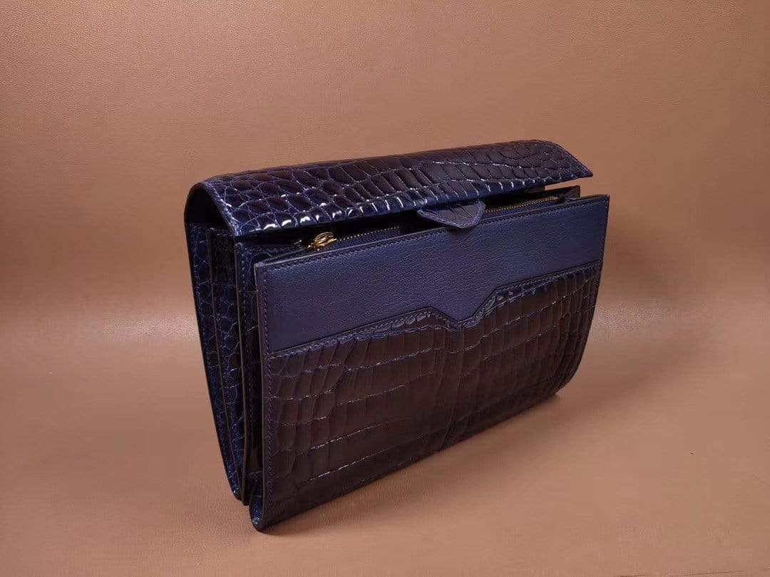 Mens Genuine Crocodile Leather High Shiny Gloss Baking Beads Clutch Bag Blue