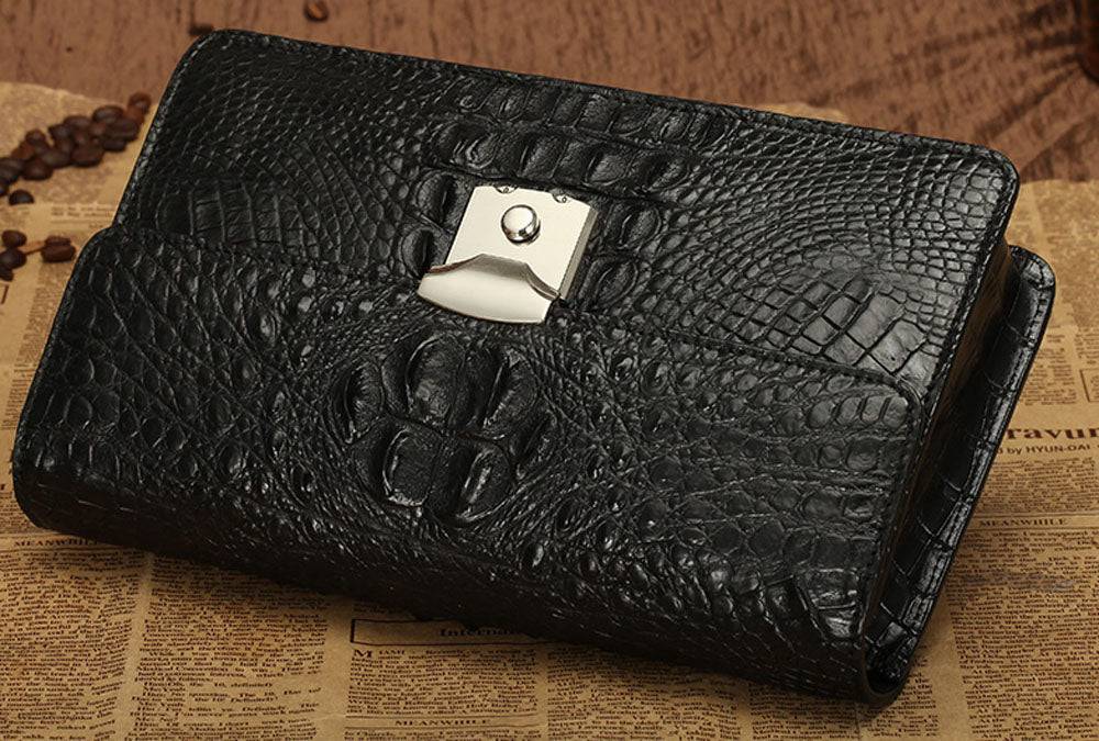 Mens Genuine Crocodile Skin Leather Clutch With Wrist Strap