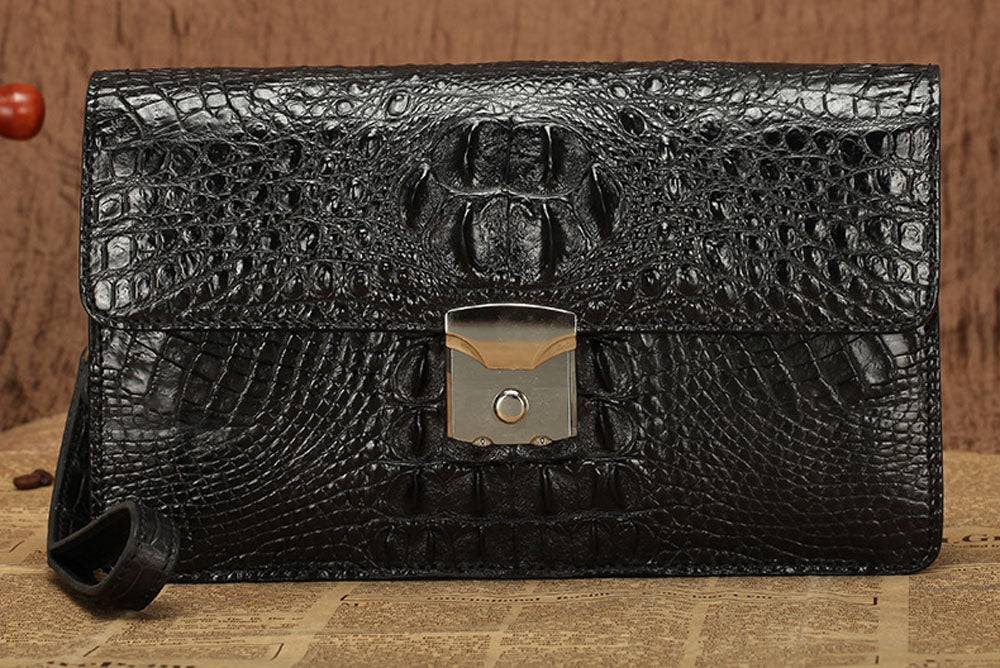 Mens Genuine Crocodile Skin Leather Clutch With Wrist Strap