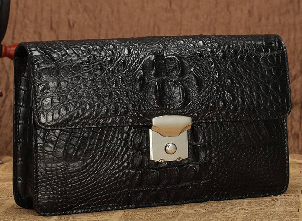 Mens Genuine Crocodile Skin Leather Clutch With Wrist Strap