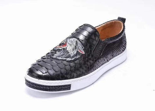 Crocodile Shoes Mens Python Leather With Grey Embroidery Tiger Driving Shoes  Slip on Flats Walking Shoes