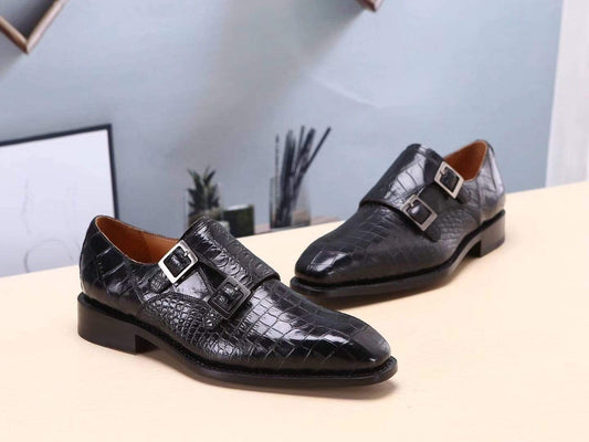 Crocodile Shoes Mens Shoes Black Crocodile  Leather Monk Double Strap Dress Shoes,Goodyear Sole