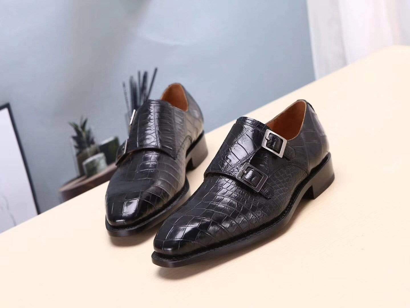 Crocodile Shoes Mens Shoes Black Crocodile  Leather Monk Double Strap Dress Shoes,Goodyear Sole