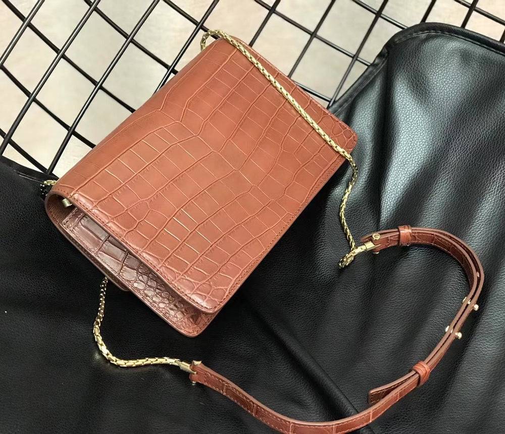 Mini Crocodile Leather Shoulder Cross Body Evening Bag Brown