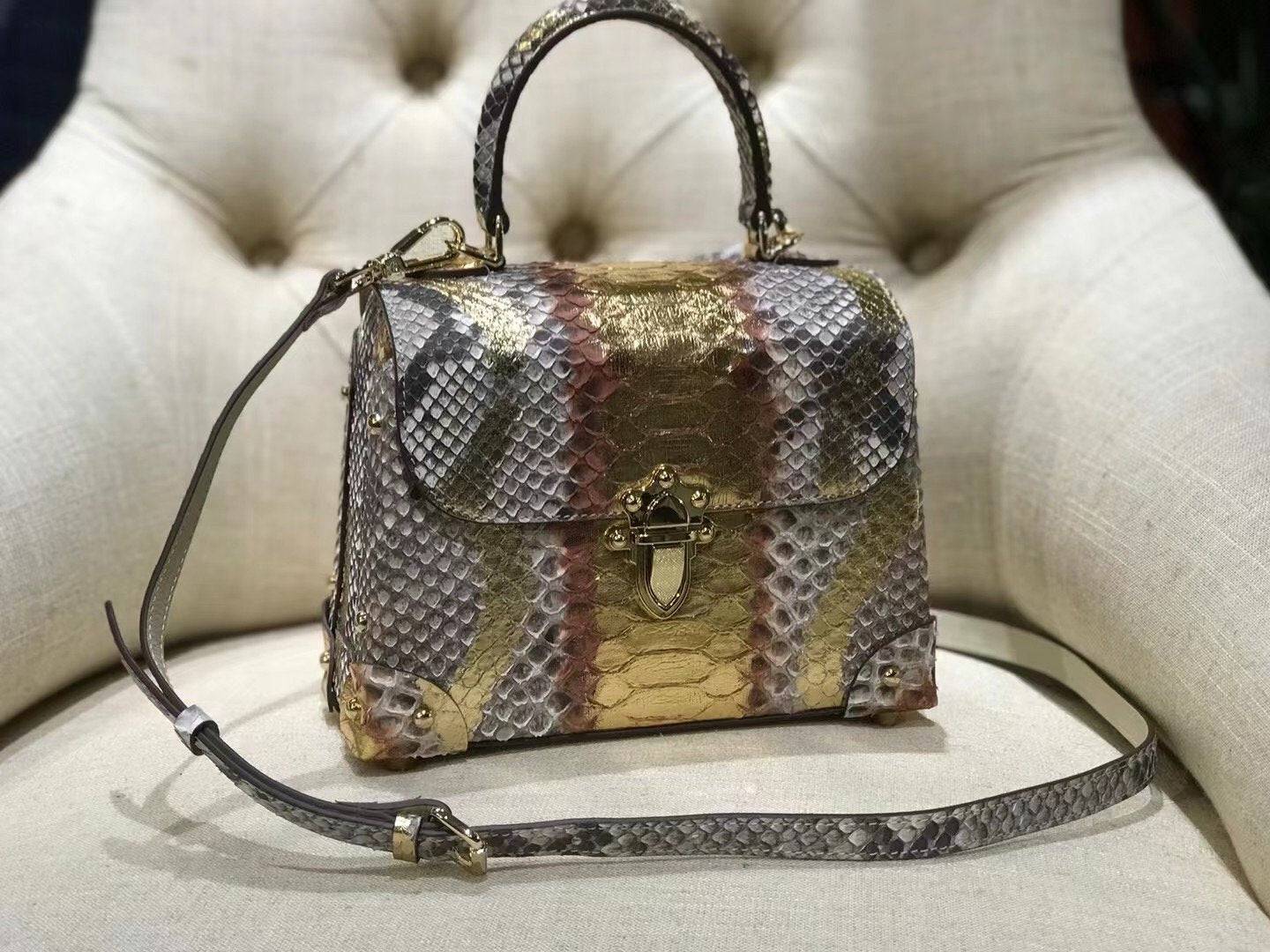 Mini Python Leather Rivet Top Handle Cross Body Bags Floral