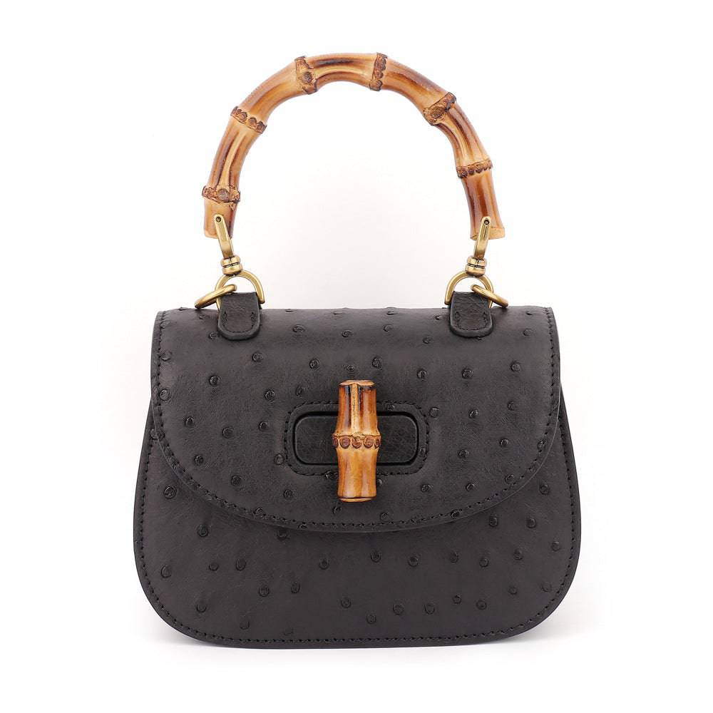 Ostrich Leather Nano Bamboo Top Handle Cross Body Bag