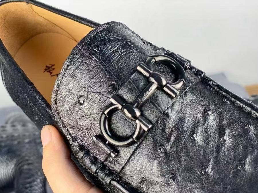 Giày da đà điểu kiểu lười slip-on màu đen