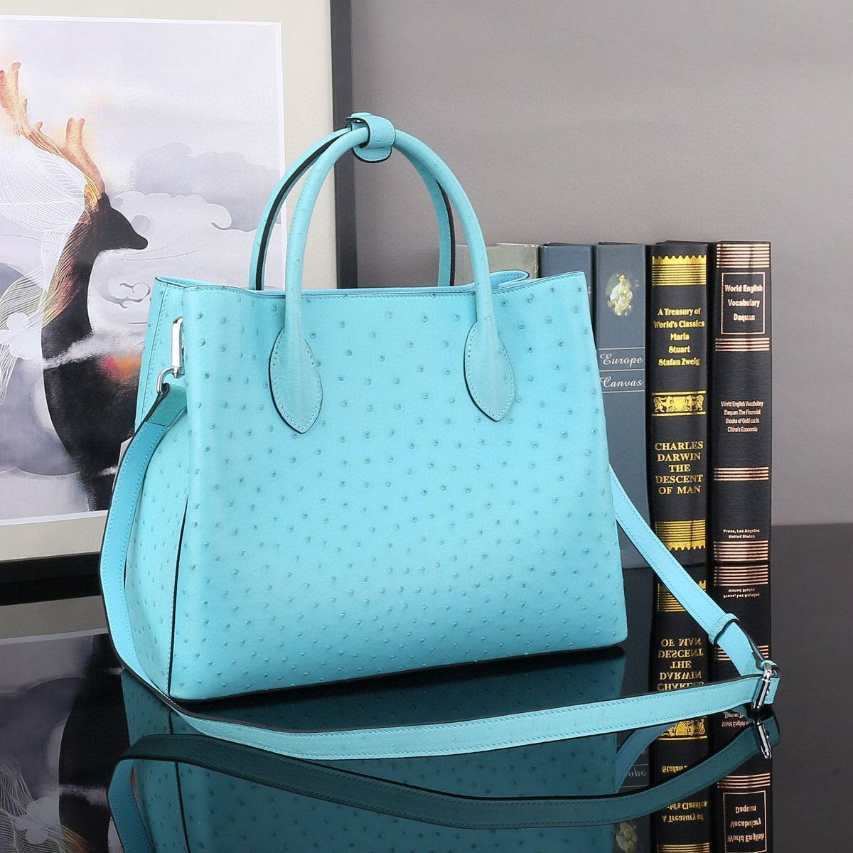 Ostrich Leather Top Handle Shoulder Bags 32cm Blue