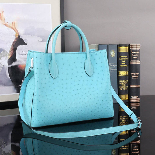 Ostrich Leather Top Handle Shoulder Bags 32cm Blue