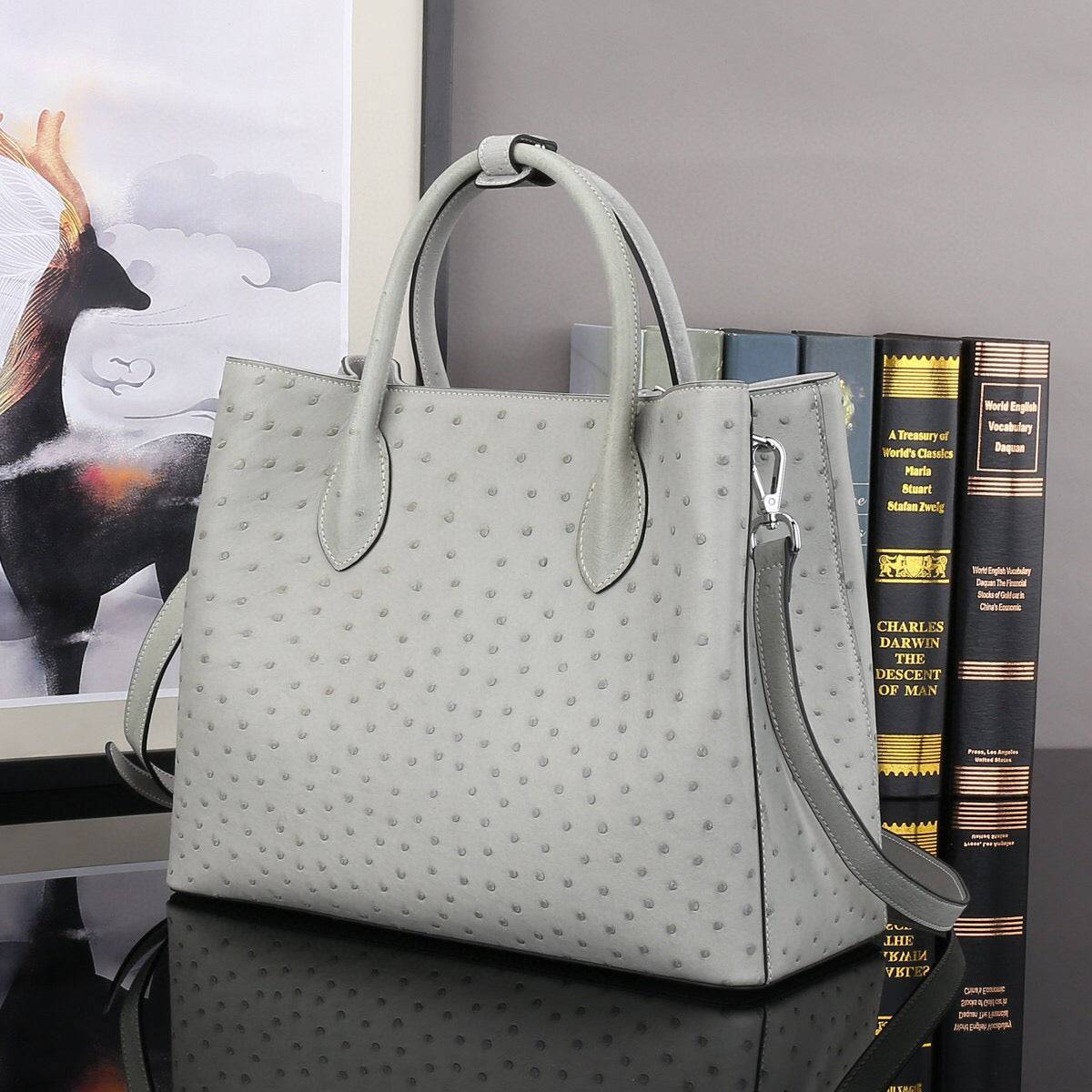 Ostrich Leather Top Handle Shoulder Bags 32cm Grey