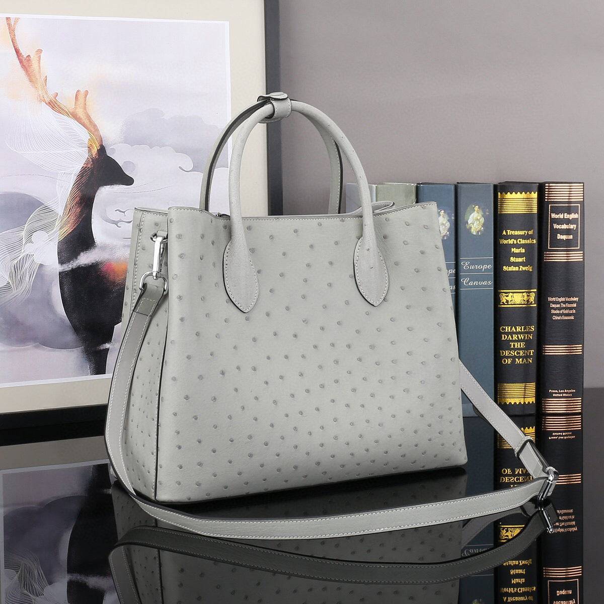 Ostrich Leather Top Handle Shoulder Bags 32cm Grey