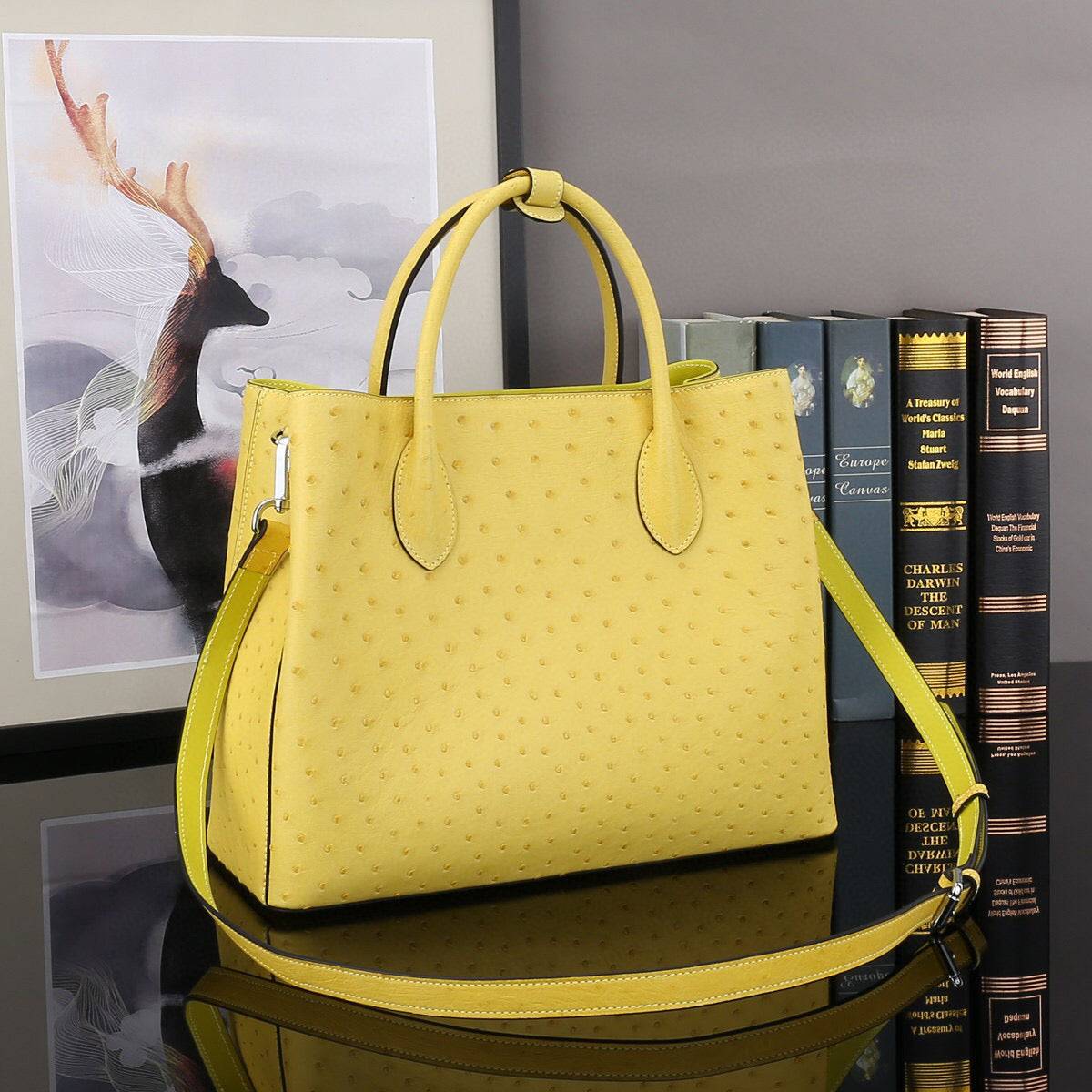 Ostrich Leather Top Handle Shoulder Bags 32cm Yellow