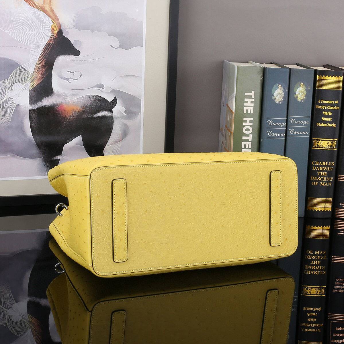 Ostrich Leather Top Handle Shoulder Bags 32cm Yellow