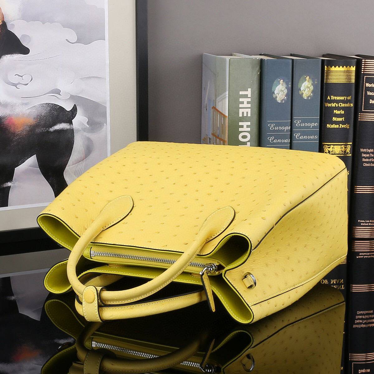 Ostrich Leather Top Handle Shoulder Bags 32cm Yellow